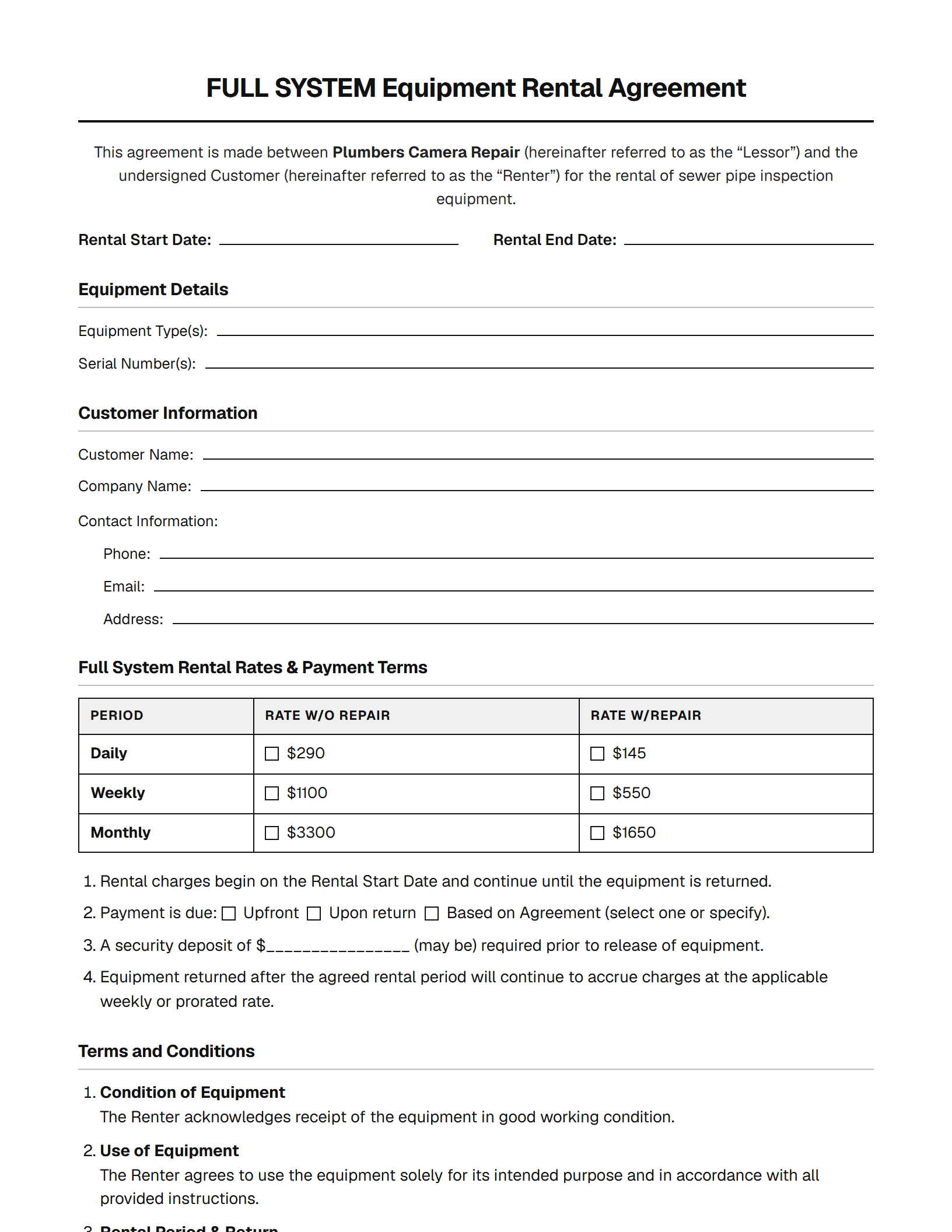 Page one of the Plumbers Camera Repair full system equipment rental agreement, showing the rental rates and terms