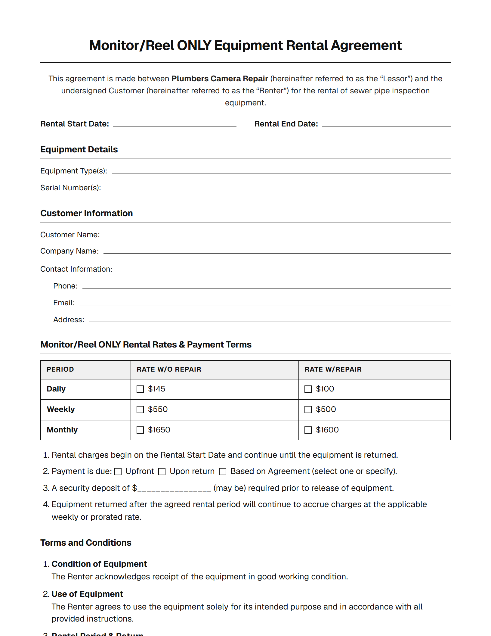 Page one of the Plumbers Camera Repair monitor and reel only equipment rental agreement, showing the rental rates and terms