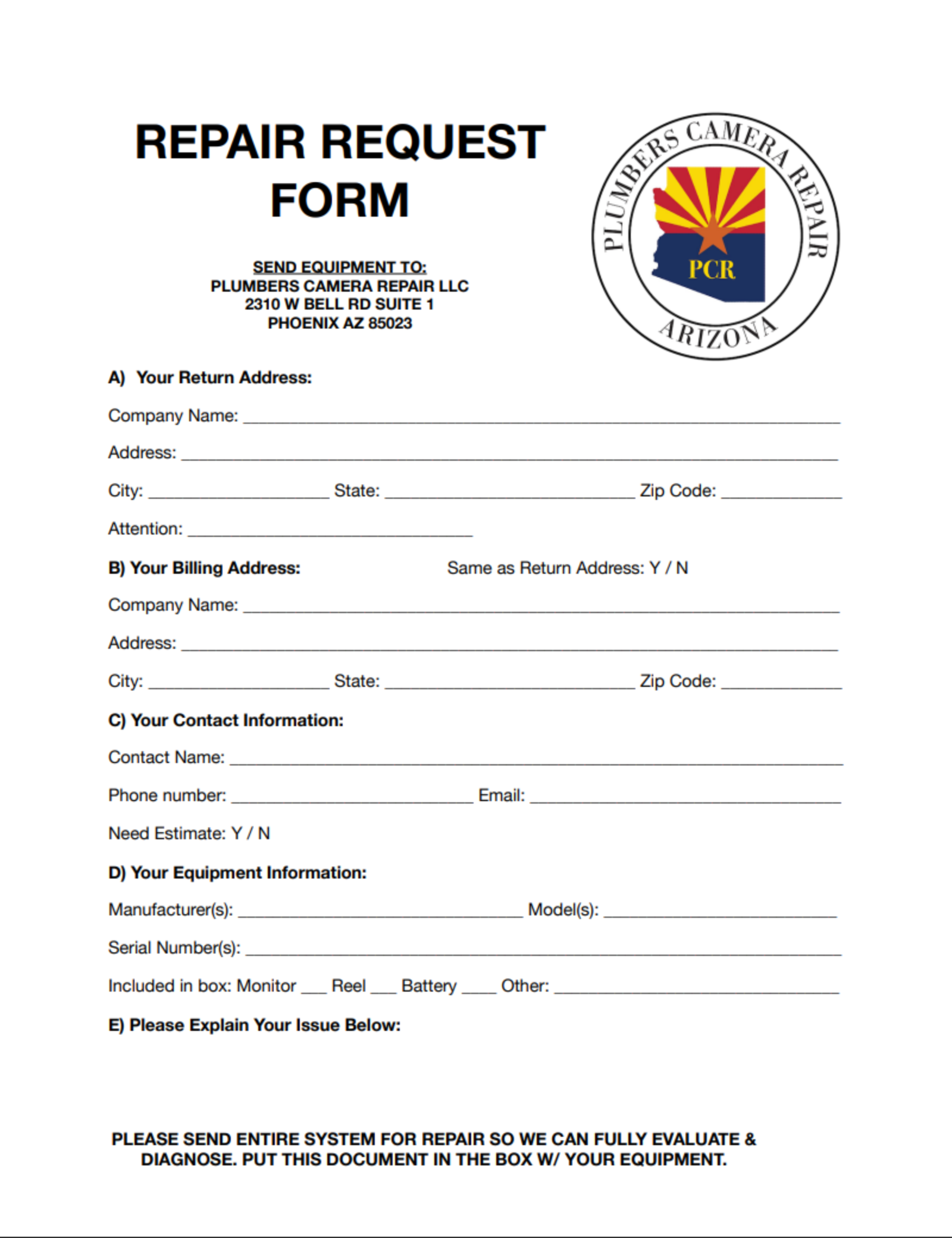Page one of the Plumbers Camera Repair repair request form, showing the return address, contact and equipment information fields